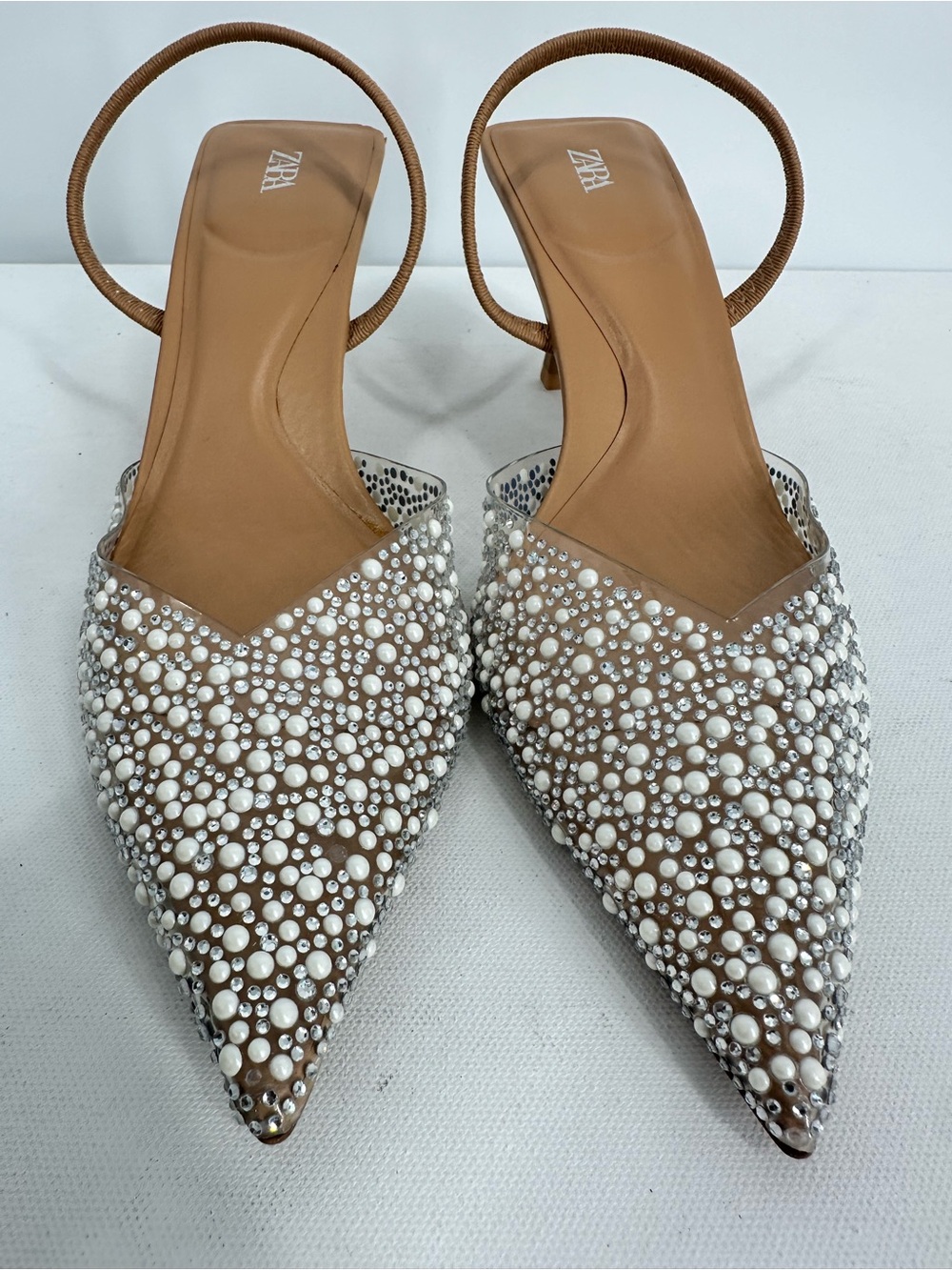 ZARA Clear PVC Pearl Rhinestone Embellished Pointed Slingback Kitty Heels Size 7 - Picture 3 of 15
